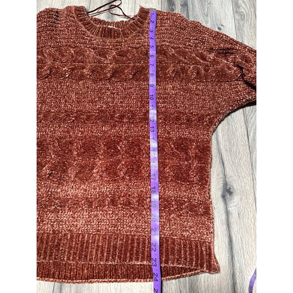 Pink Rose Chenille Sweater L Rust Cable Knit Crew Neck READ Comphy Fall Cozy - Picture 6 of 8